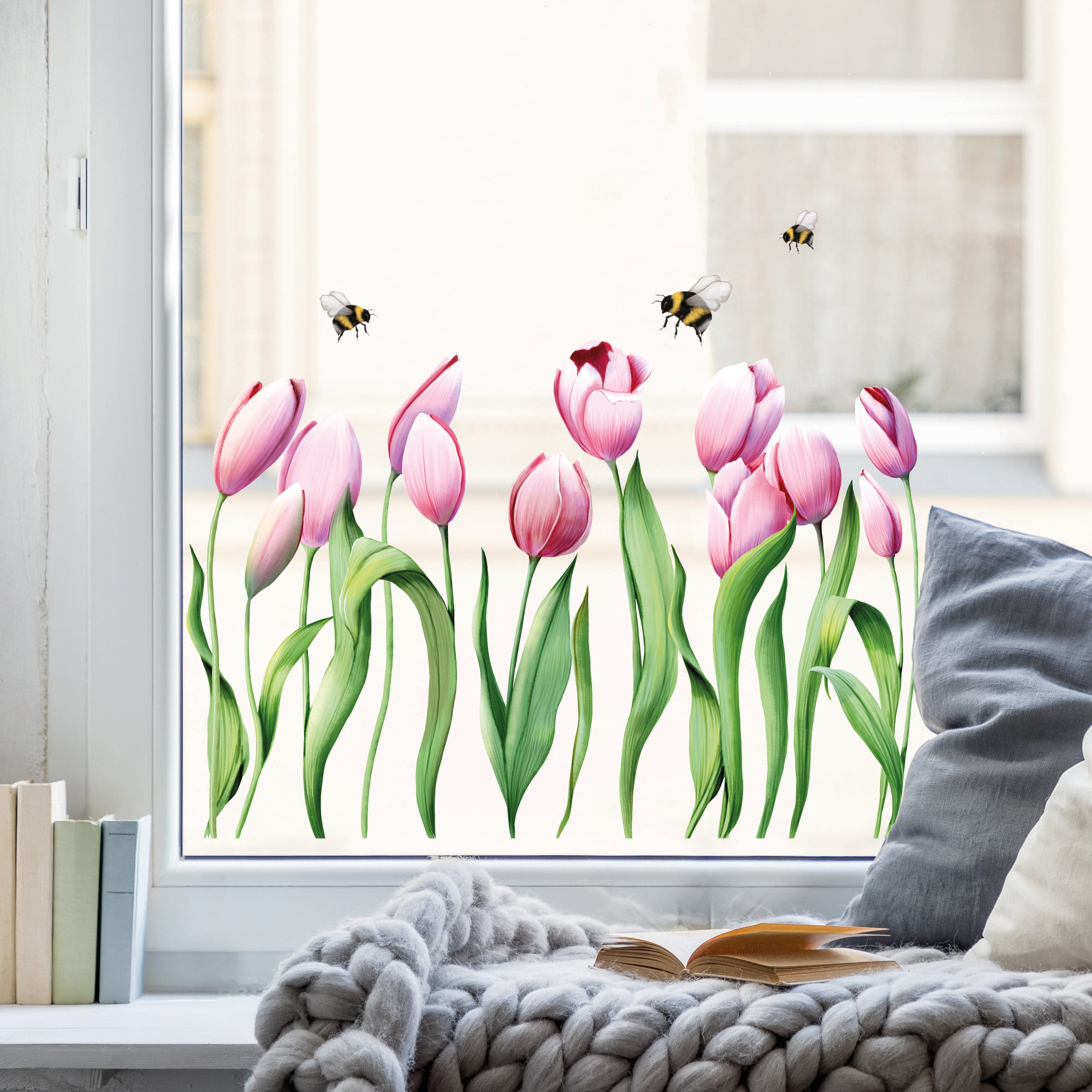 Fensterbild Frühling Tulpen und Bienen Osterdeko Blumenwiese Fensterdeko Kinderzimmer Kind – Bild 3