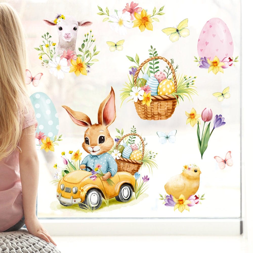 Fensterbild Set Frühling Ostern Hasen im Auto mit Schmetterlingen Ostereiern Küken Lamm & Blumen Fensterdeko Frühlingsdeko – Bild 2