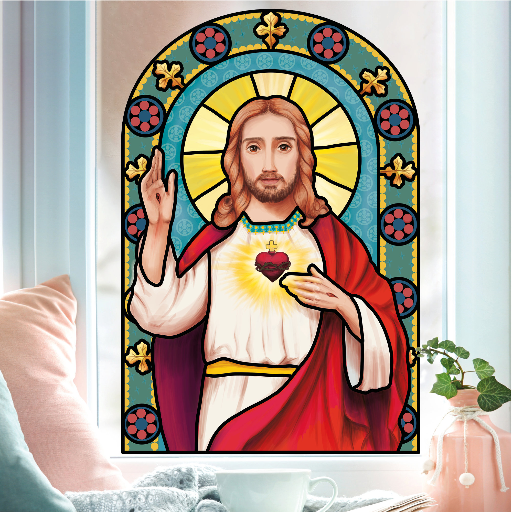 Fensterbild Winter Kirche Jesus wiederverwendbare Fensteraufkleber Mosaik Weihnachten – Bild 2