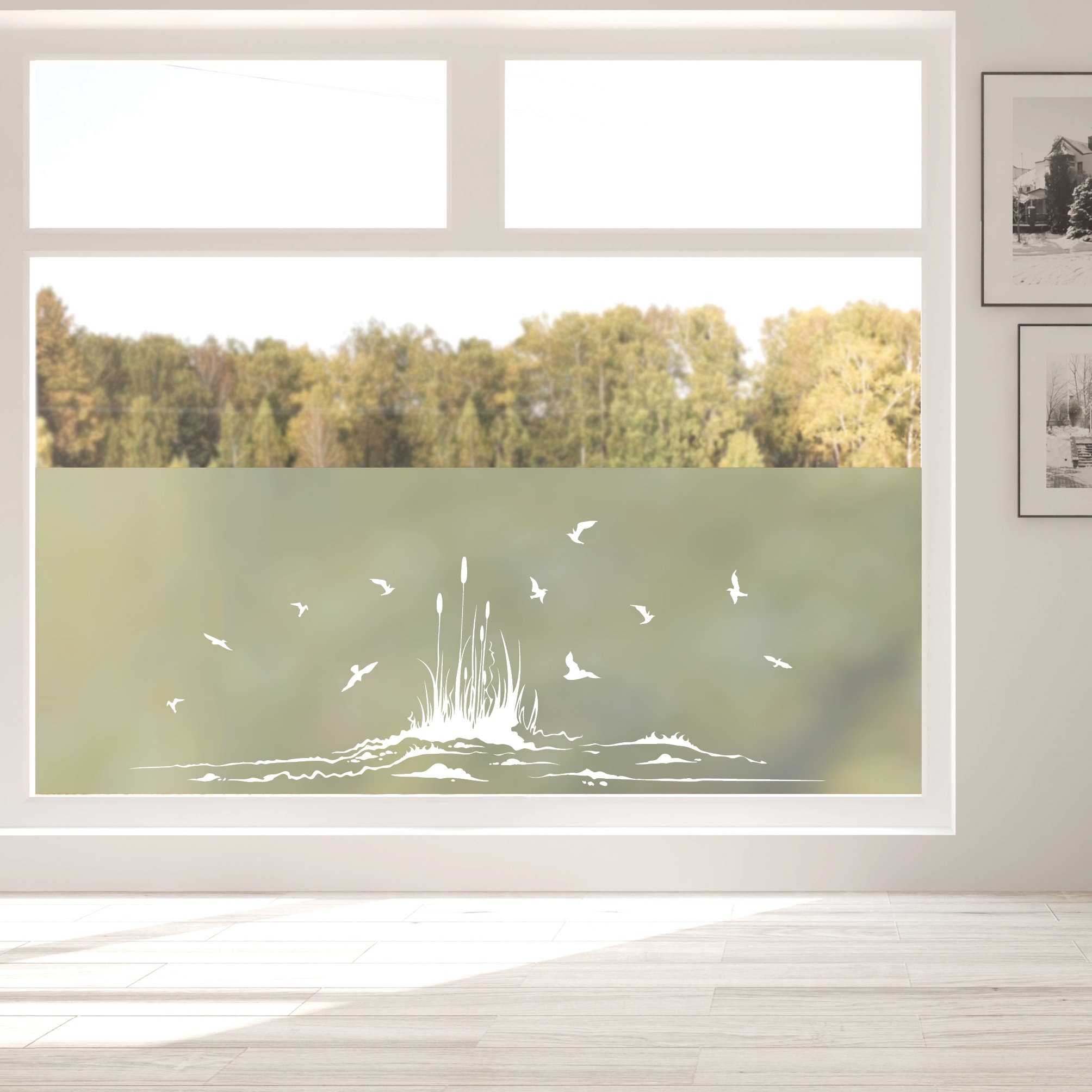 Sichtschutzfolie Vögel mit Schilf am Ufer, maritime Fensterfolie, Fensterdeko Milchglasfolie – Bild 2