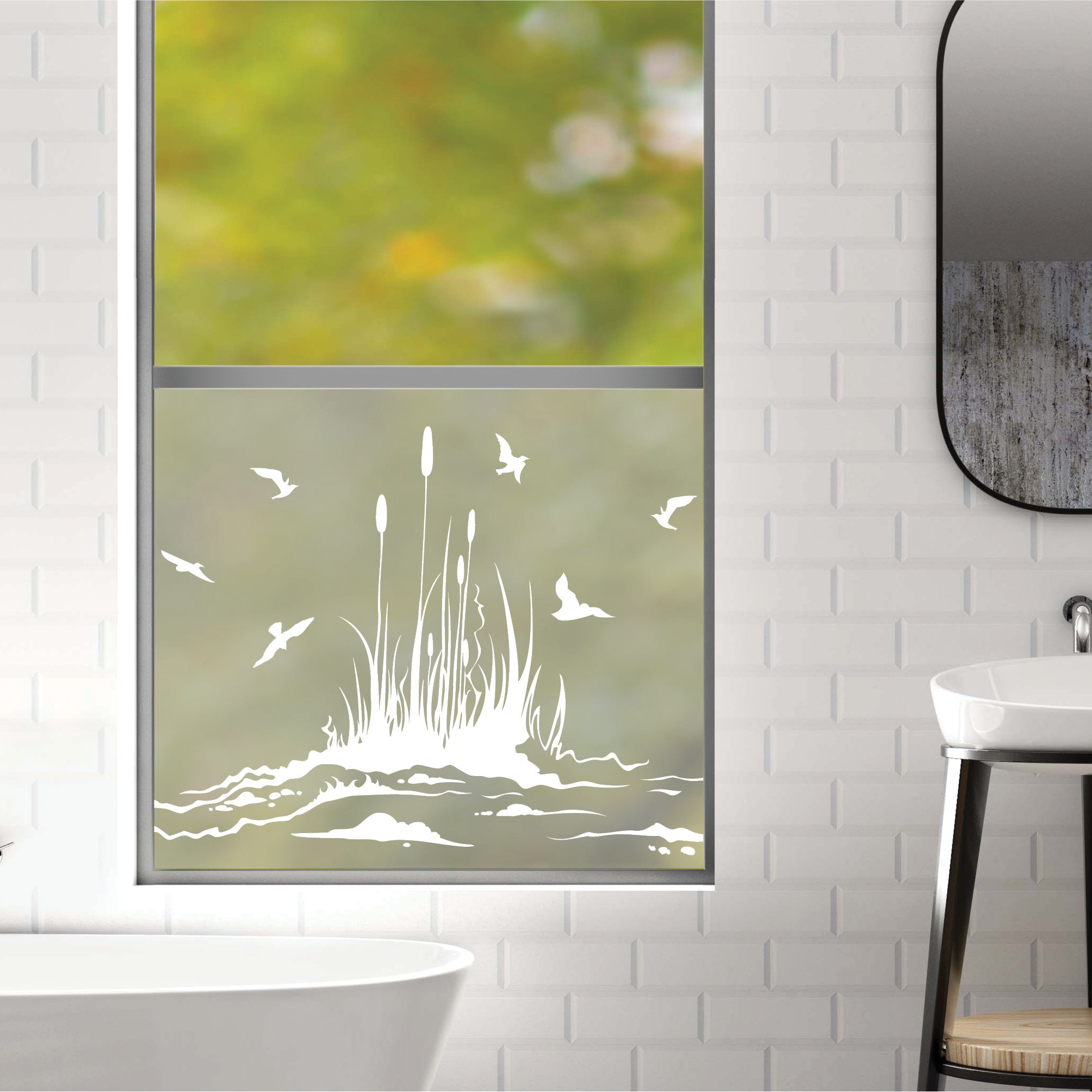 Sichtschutzfolie Vögel mit Schilf am Ufer, maritime Fensterfolie, Fensterdeko Milchglasfolie – Bild 3