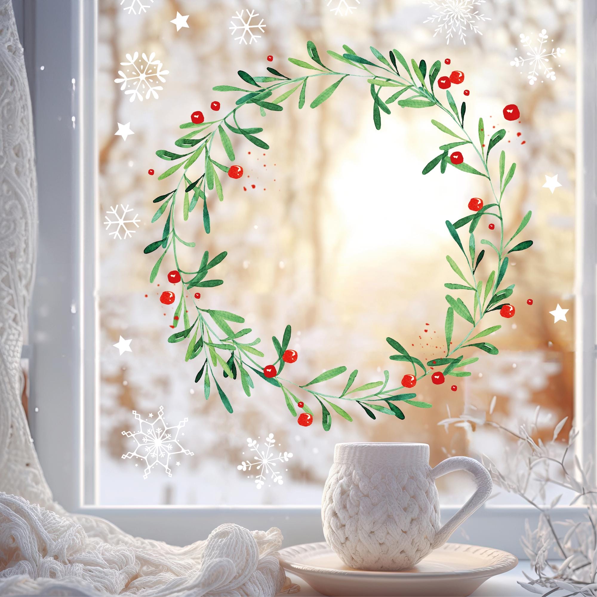 Wiederverwendbar Fensterbild Mistelzweig grün Kranz aus Mistelzweigen rote Früchte Schneeflocken wiederverwendbar Weihnachten Christmas – Bild 2
